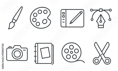 Art tool set. creative design silhouette icons: brush, palette, camera, scissors vector icons