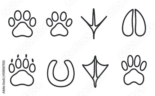 Animal paw print set. linear tracks: paw, bird, hoof, horse, duck, dog, cat, print vector icons.
