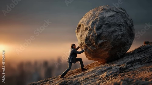 Businessman pushing a large boulder uphill at sunset, symbolizing struggle and perseverance in a cityscape