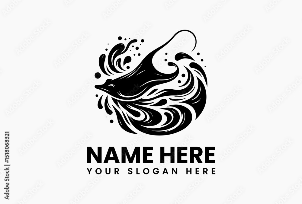 Fototapeta premium Elegant tribal manta ray vector logo with swirling waves and dotted patterns in monochrome style 