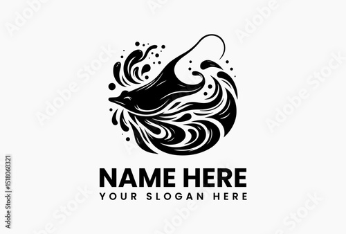 Elegant tribal manta ray vector logo with swirling waves and dotted patterns in monochrome style  