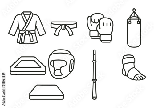 Martial arts gear set: linear karate, gloves, helmet, belt, mat, punching bag vector icons