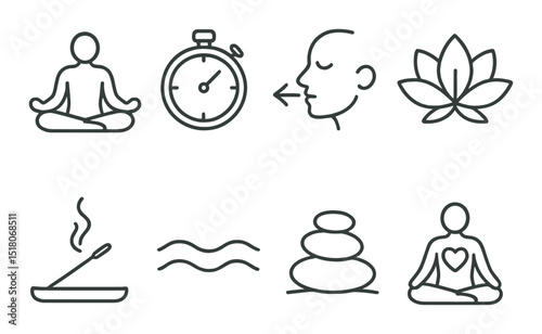 Mindfulness set. meditation, timer, breath, lotus, incense, waves, stone, heart silhouette vector icons.