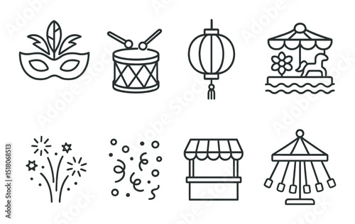 Carnival festival set. amusement and celebration silhouette mask, drum, lantern vector icons.