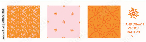 Vibrant fall cloud sunshine seamless nursery pattern set. Naive illustration of summer sky in hand drawn playful style for childrens nursery backdrops, wallpaper. 