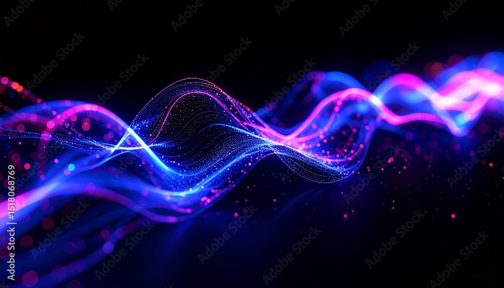 Fototapeta premium Abstract Light Waves with dynamic and colorful movement. The image features flowing lines of light in shades of blue and purple against a black background, creating a sense of energy and technology