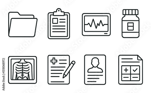 Healthcare document set. medical records linear folder, clipboard, x-ray, report vector icons.