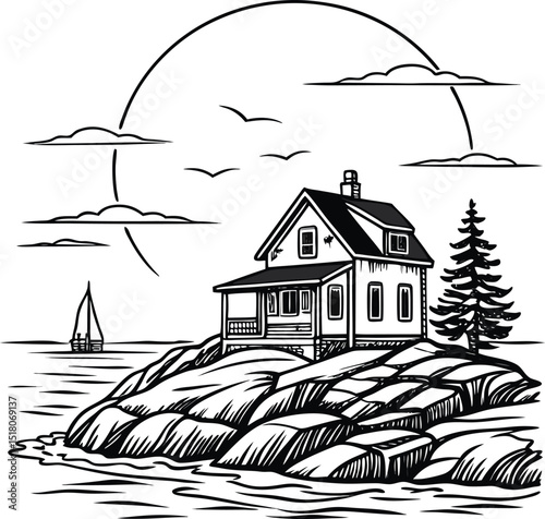 Vintage architectural sketch of a country house on the lake, illustrating a rural home landscape