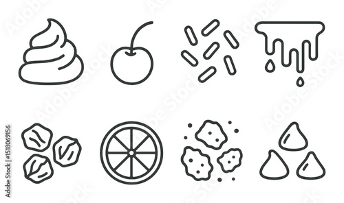 Snack set. food and dessert outline icons. cherry, chip, yogurt, citrus, drizzle vector icons.