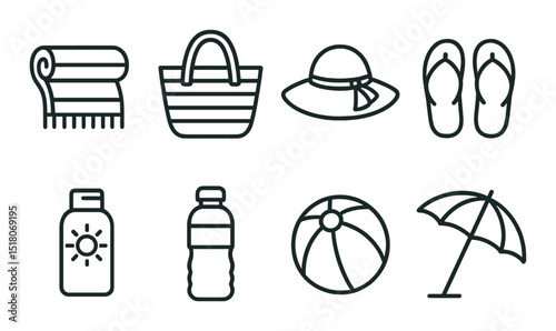 Beach essentials set. summer accessories linear icons. towel, bag, hat, flip-flops, ball, umbrella vector icons.
