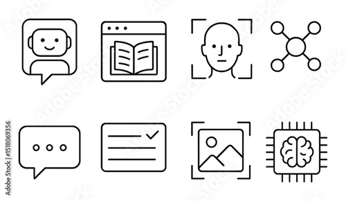 Ai technology icon set. chatbot, book, profile, network, chat, list, image, cpu linear vector icons
