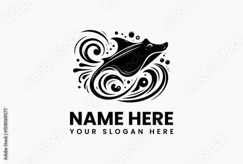 Elegant tribal manta ray vector logo with swirling waves and dotted patterns in monochrome style  