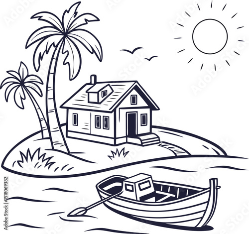 Tropical island landscape with a charming beach house and palm trees by the ocean