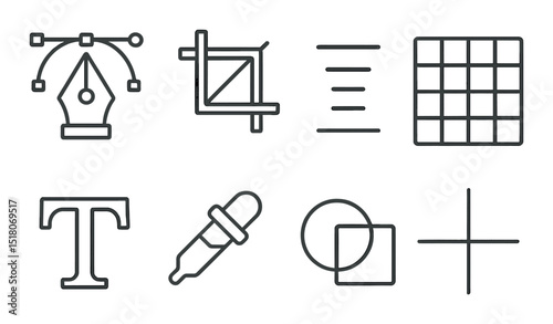 Graphic design tool set. linear icons: pen, crop, text, grid, dropper, align, layers vector icons.