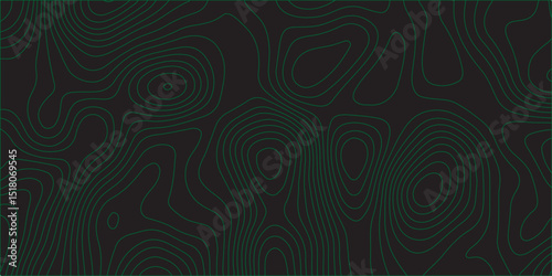 Generate a seamless, abstract topographic pattern on a dark background. The design should feature thin, vibrant green contour lines that flow organically,creating a subtle sense of depth and elevation