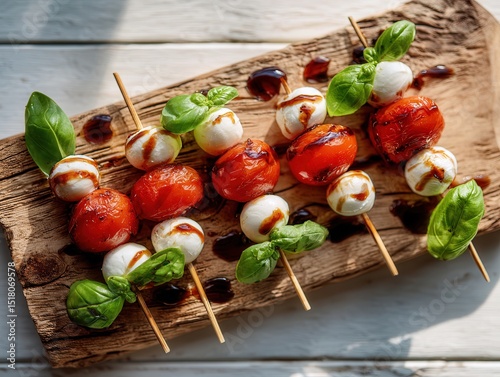 caprese skewers lined on rustic olive-wood board, glossy cherry tomatoes, mini mozzarella pearls and fresh basil leaves