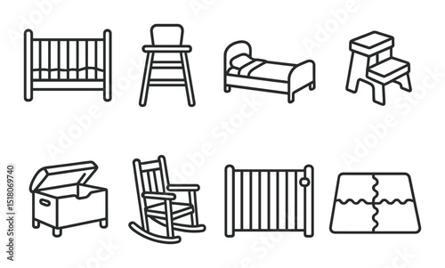 Baby furniture set. nursery essentials silhouette crib, highchair, bed, rocking chair vector icons.