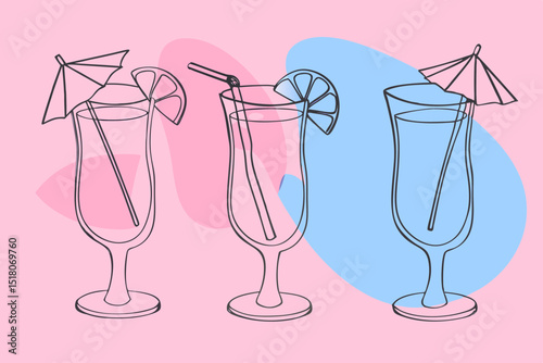 Line art illustration of summer cocktails on a pastel background  