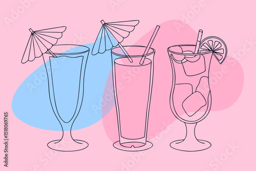Summer cocktails in colorful outline style on pastel pink background  
