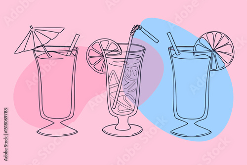 Summer cocktails in colorful outline style on pastel pink background  