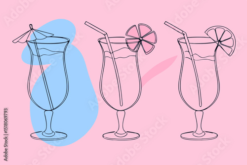 Summer cocktails in colorful outline style on pastel pink background  