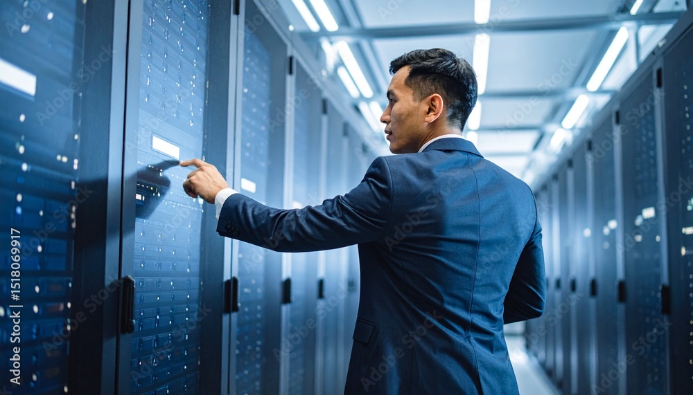 Fototapeta premium A businessman in a suit inspecting server racks in a modern data center. He is focused on his task, highlighting the importance of data management and technological infrastructure.
