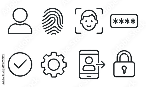 Authentication icon set. security access linear icons. user, fingerprint, password, biometric, lock vector icons.