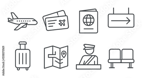 Travel set. linear travel and transportation symbols. airplane, tickets, passport, luggage vector icons.
