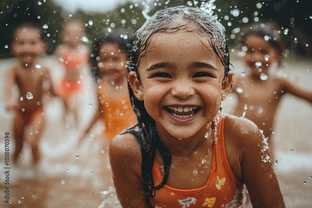 Obraz premium A young Asian girl with long black hair smiles joyfully while playing in water. Other children splash in the background, all wearing orange swimsuits.
