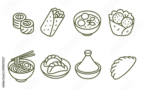 Asian food set. linear style icons of sushi, ramen, dim sum, dumplings, cuisine vector icons.