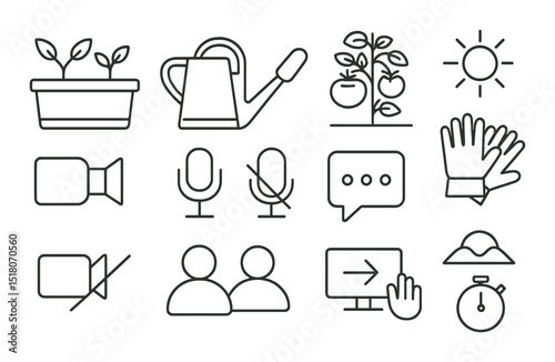 Gardening and media set. linear gardening tools, microphone, camera, sun vector icons.