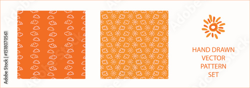 Vibrant fall cloud sunshine seamless nursery pattern set. Naive illustration of summer sky in hand drawn playful style for childrens nursery backdrops, wallpaper. 