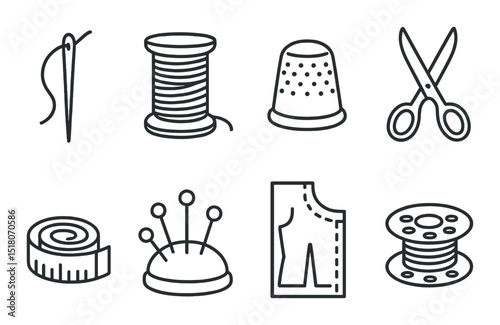 Sewing set. tailoring silhouette icons: needle, thread, scissors, thimble, pattern vector icons.