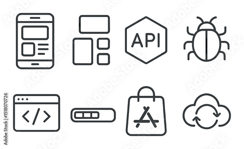 Technology icon set. mobile, app, api, bug, coding, cloud, shopping silhouette vector icons.