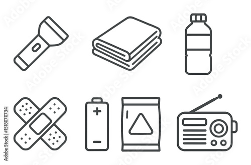 Emergency preparedness set: essential silhouette icons. flashlight, blanket, radio vector icons