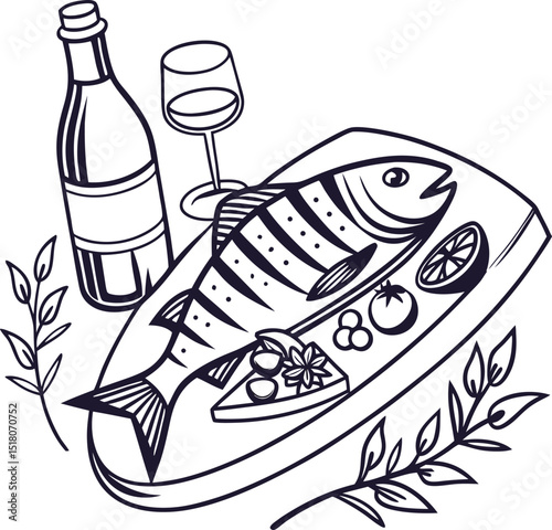Hand-drawn vector illustration of a set of sushi, fish, and food, alongside a pair of sport footwear
