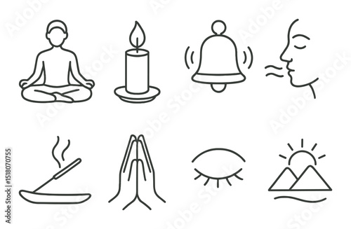 Mindful meditation icon set. relaxation silhouette icons: meditation, candle, bell, incense, prayer, eye, sun vector icons.