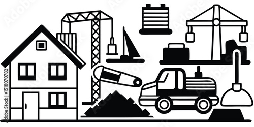 Black and white construction site with house and crane illustration