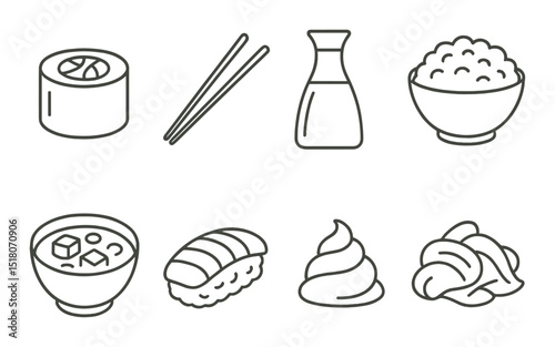 Sushi food set. japanese cuisine silhouette icons. sushi, chopsticks, rice, bowl, soup vector icons.