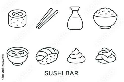 Sushi bar set. japanese cuisine linear icons. roll, chopsticks, soy, rice, miso, sashimi vector icons.