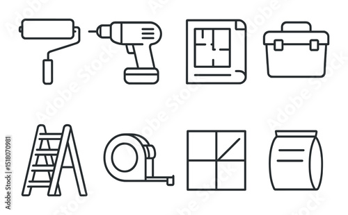 Construction tool set. linear tools: roller, drill, blueprint, toolbox, ladder vector icons.