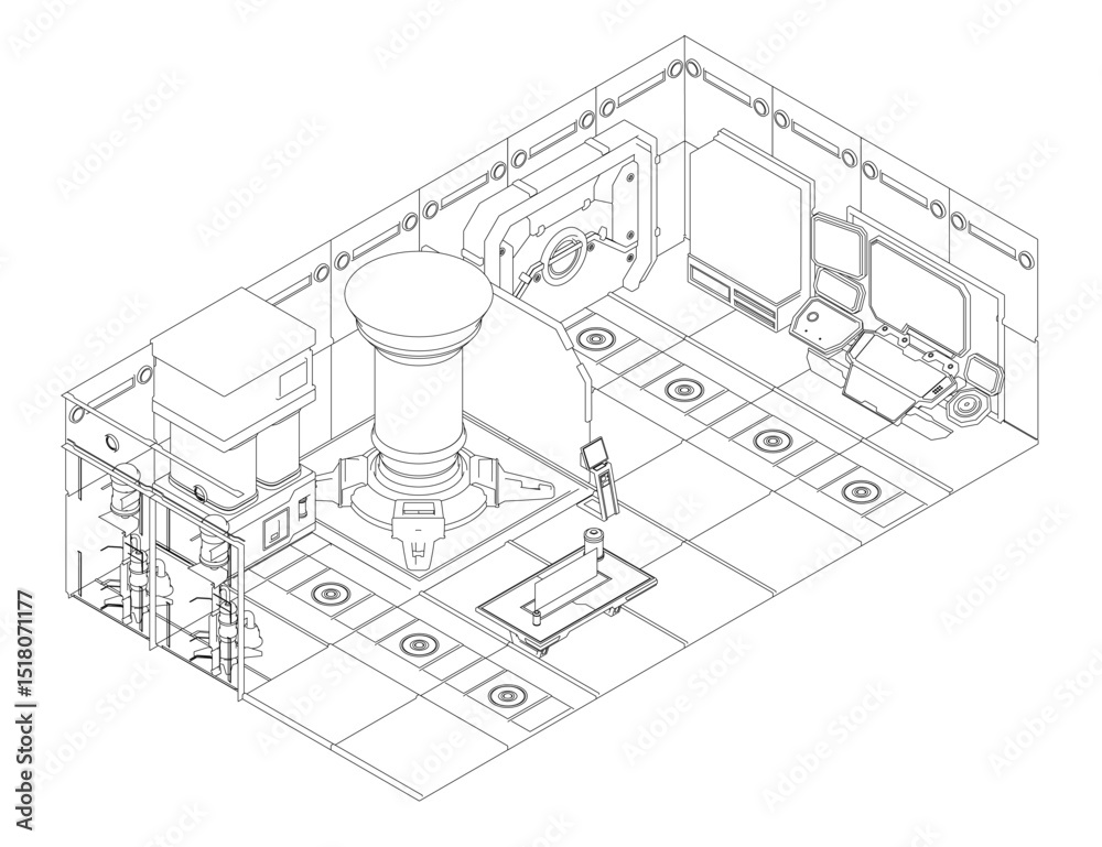 Fototapeta premium Complex, futuristic mechanical assembly with modular components. It features cylindrical and angular parts, systems, precise engineering details, suggesting advanced machinery, robotic technology. 3D