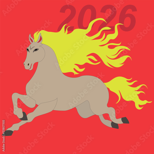 The symbol of the year 2026. The horse is running, with a flowing mane. The horse and the date are 2026. Vector drawing on a red background.