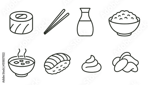 Japanese food set. sushi, chopsticks, soy sauce, rice, miso, nigiri, wasabi, edamame flat vector icons