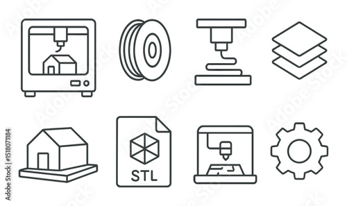 3d printing icon set. technology linear icons: printer, filament, stl, gear, layers vector icons.