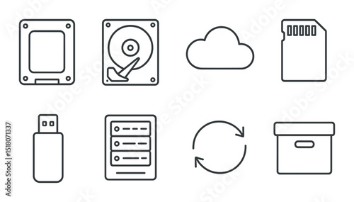 Data storage icon set. hard drive, cloud, usb, sd card, linear data management vector icons.
