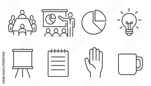 Meeting icon set. office symbols silhouette. presentation, chart, idea, notes, hands vector icons.