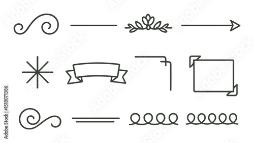 Decorative divider set. elegant linear dividers, borders, swirls, arrows, ribbons vector icons.