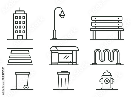 Urban furniture set. city design linear icons. bench, lamppost, trash can, hydrant vector icons.