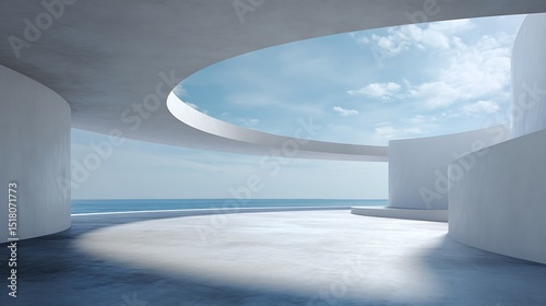 3D render of abstract modern architecture with empty cement floor, minimal exterior, perfect for showcasing high-end vehicles in a stylish setting